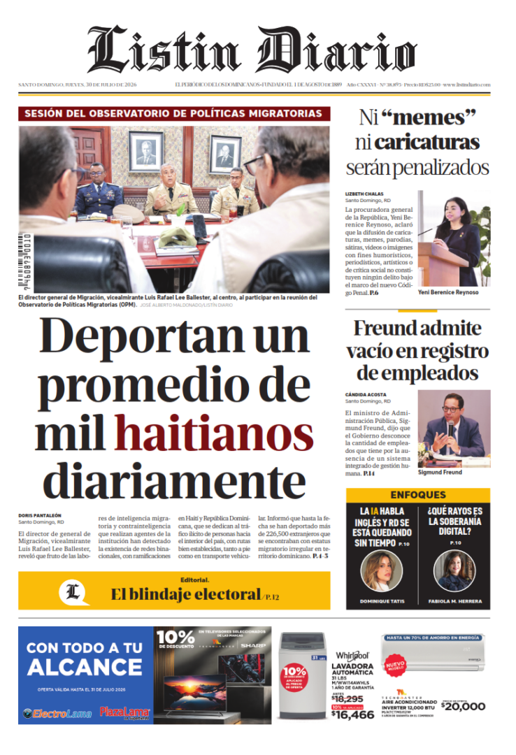 Portada Periódico Listín Diario, Jueves 30, Julio 2026