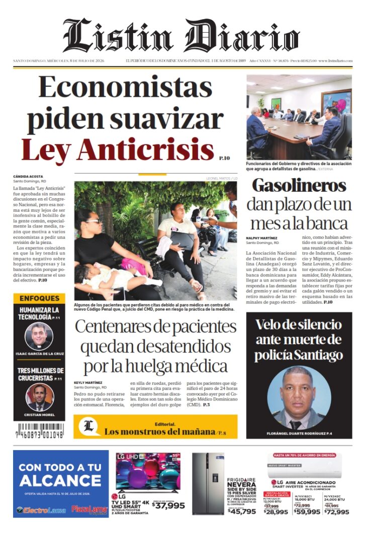 Portada Periódico Listín Diario, Jueves 9, Julio 2026
