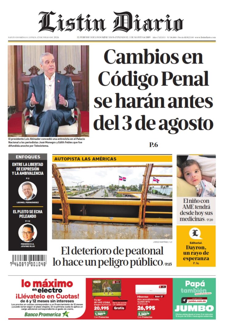 Portada Periódico Listín Diario, Lunes 13, Julio 2026
