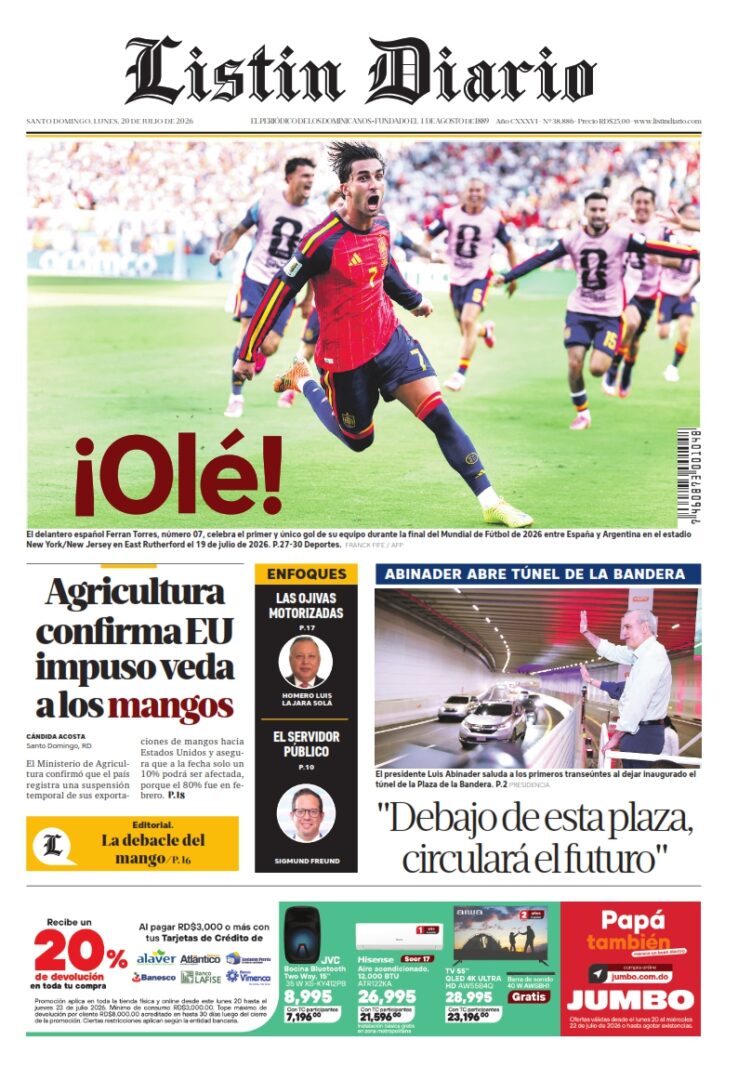 Portada Periódico Listín Diario, Lunes 20, Julio 2026