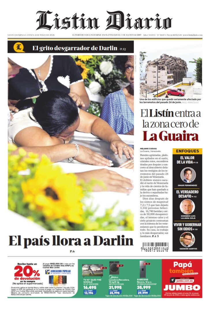 Portada Periódico Listín Diario, Lunes 6, Julio 2026