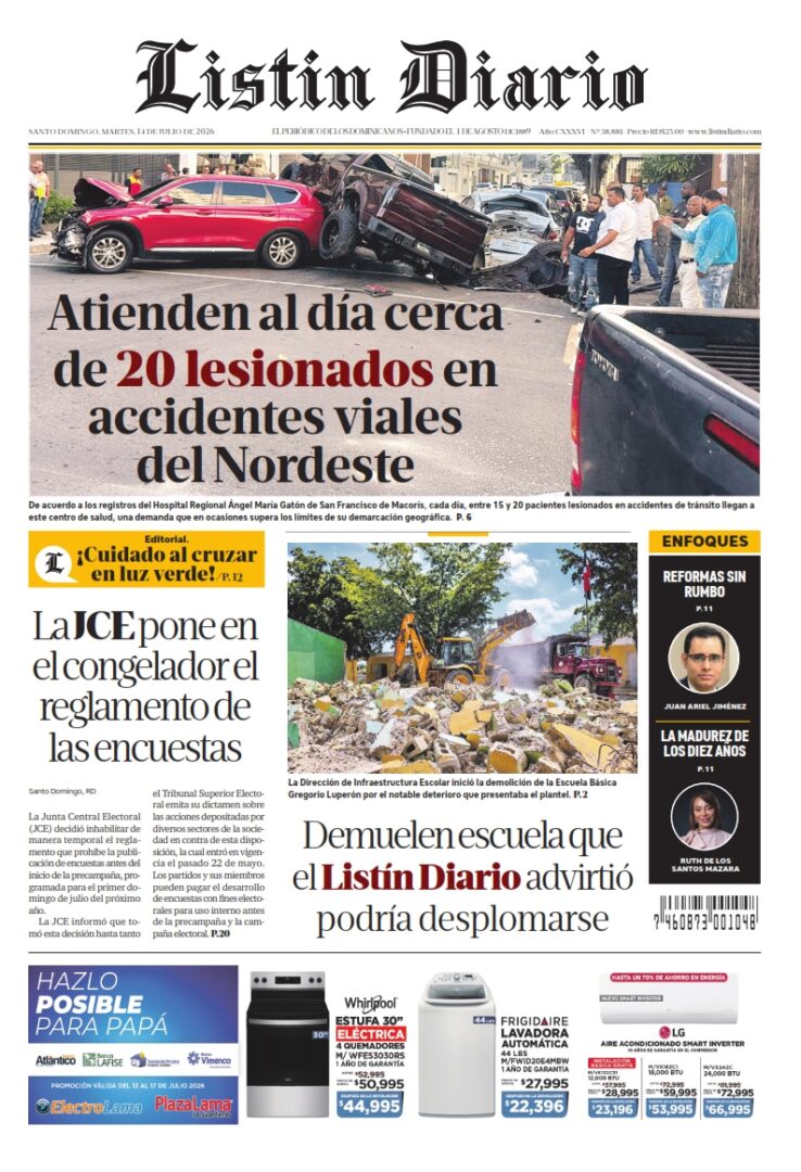 Portada Periódico Listín Diario, Martes 14, Julio 2026