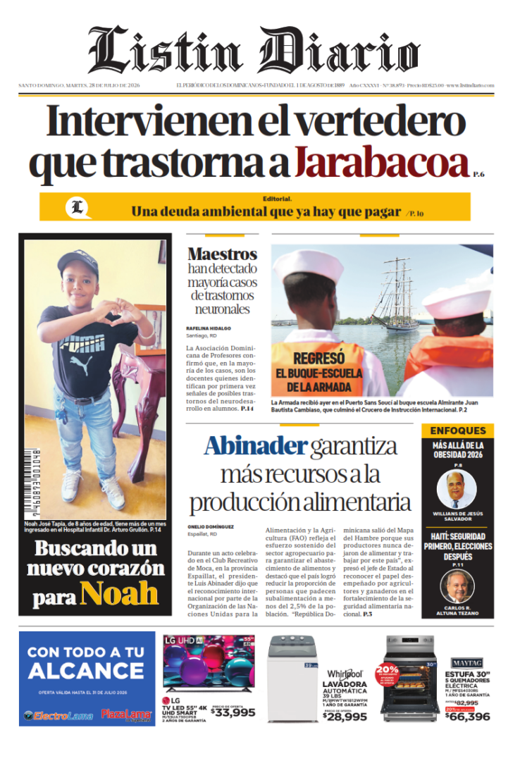 Portada Periódico Listín Diario, Martes 28, Julio 2026