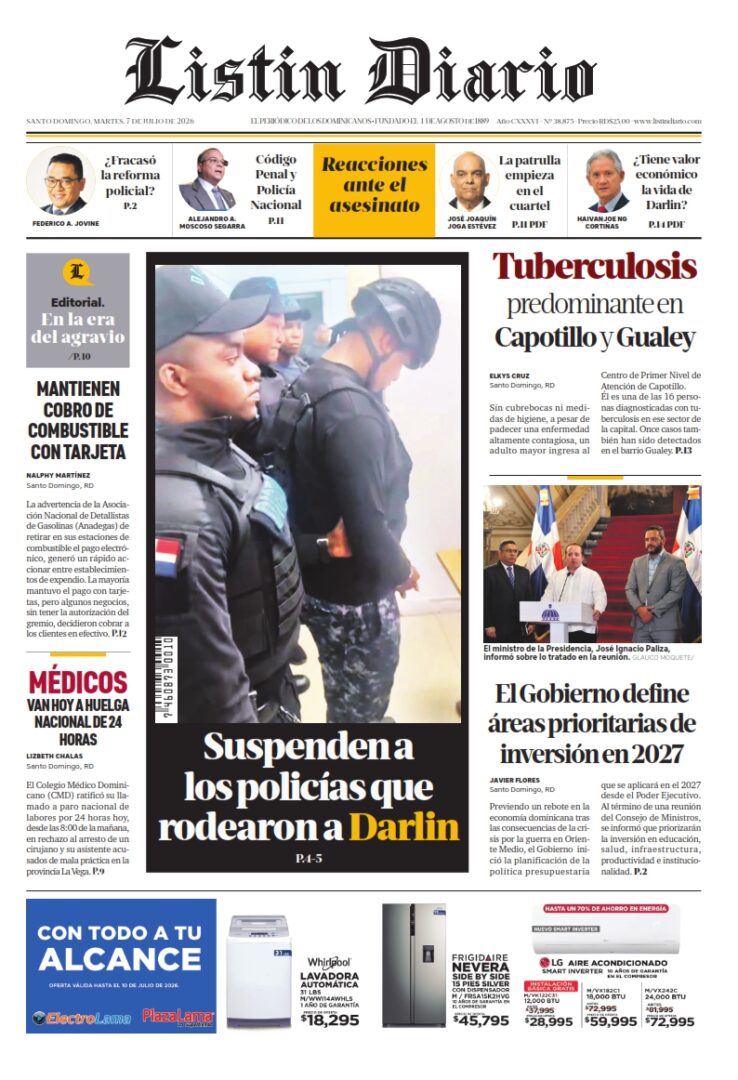 Portada Periódico Listín Diario, Martes 7, Julio 2026