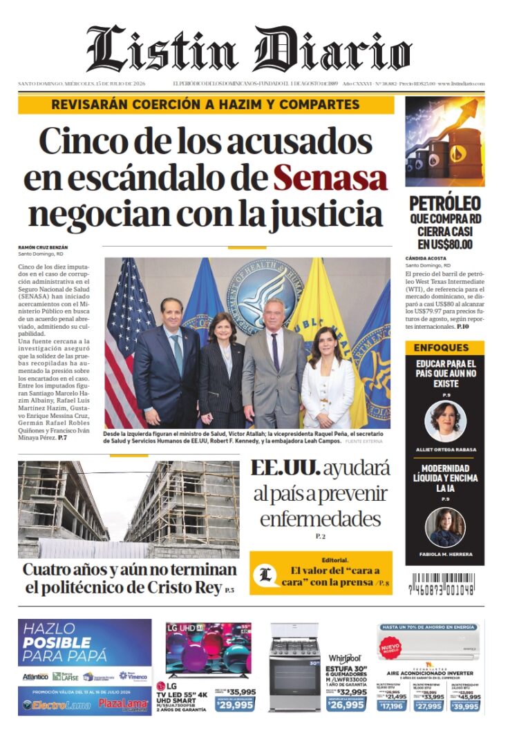 Portada Periódico Listín Diario, Miércoles 15, Julio 2026