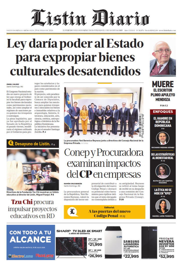 Portada Periódico Listín Diario, Miércoles 29, Julio 2026