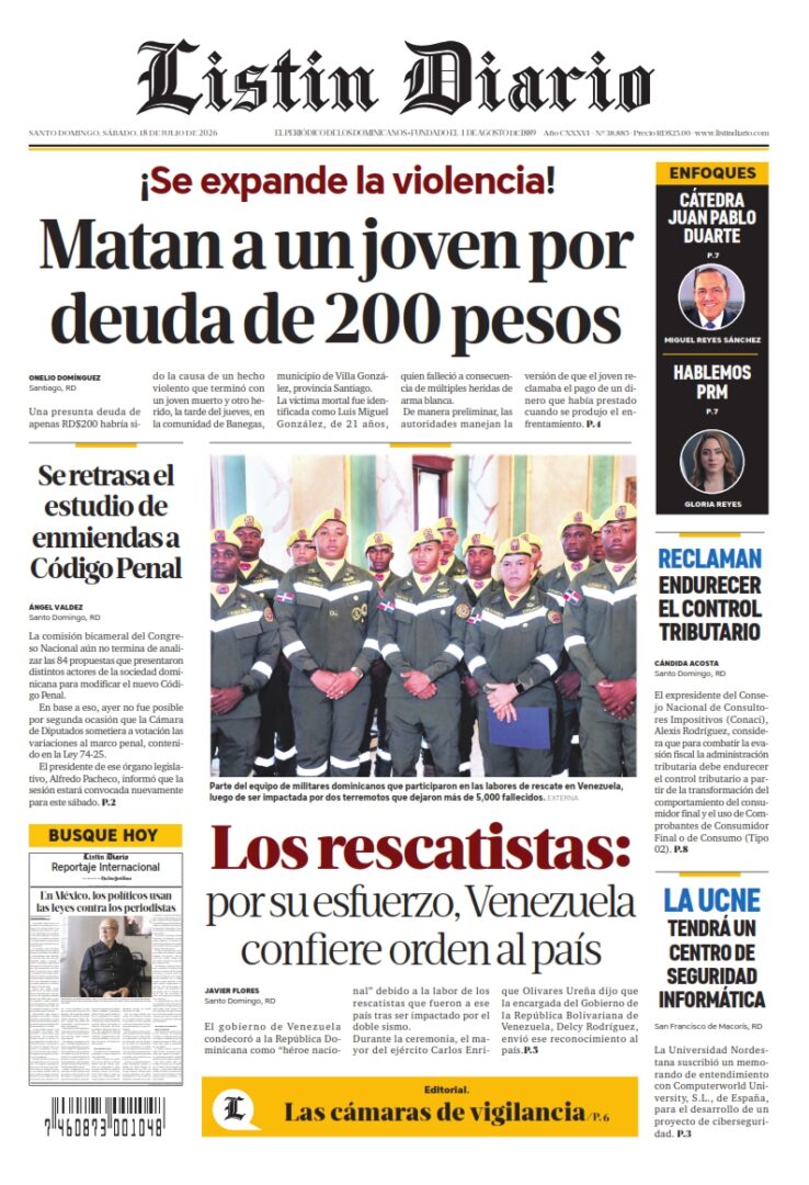 Portada Periódico Listín Diario, Sábado 18, Julio 2026