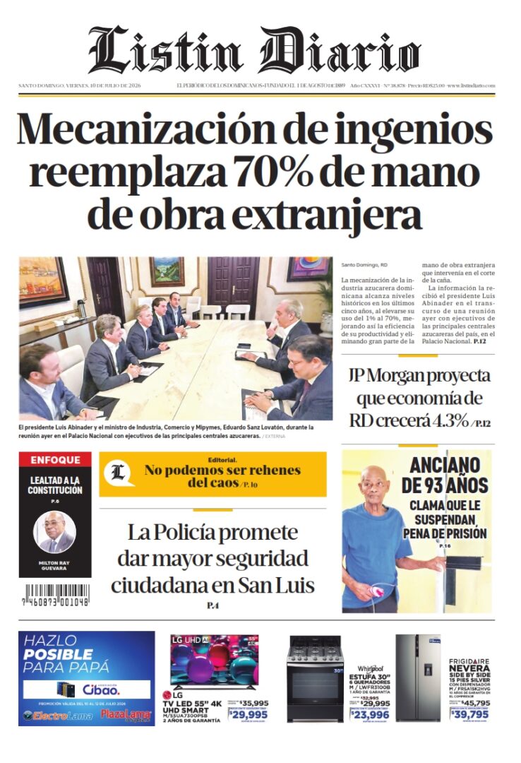 Portada Periódico Listín Diario, Viernes 10, Julio 2026