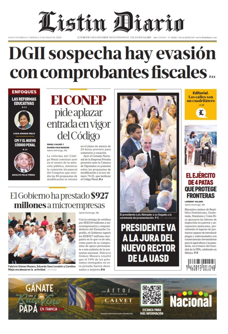 Portada Periódico Listín Diario, Viernes 17, Julio 2026