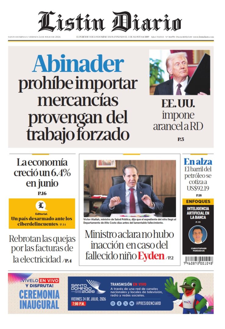 Portada Periódico Listín Diario, Viernes 24, Julio 2026