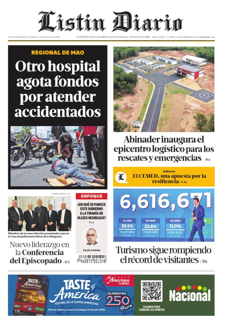 Portada Periódico Listín Diario, Viernes 3, Julio 2026