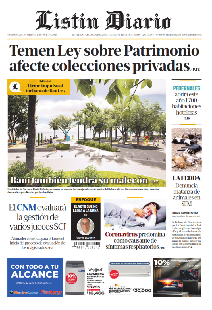 Portada Periódico Listín Diario, Viernes 31, Julio 2026
