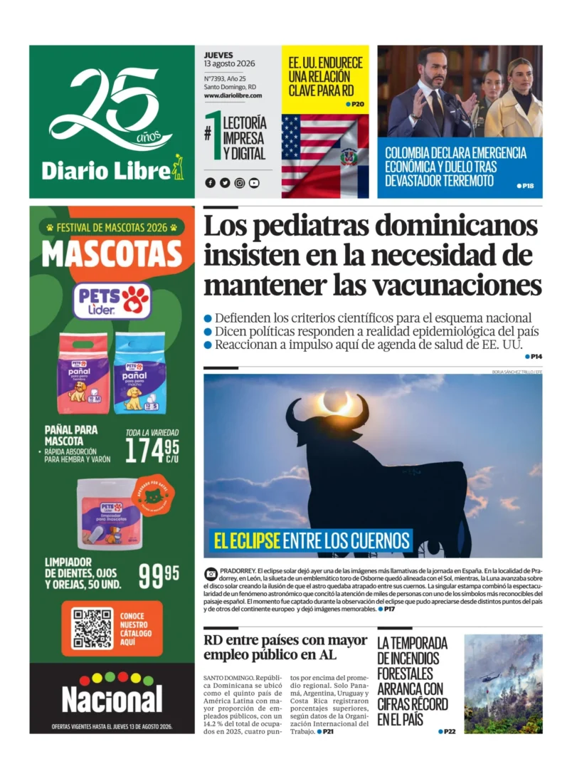 Portada Periódico Diario Libre, Jueves 13, Agosto 2026