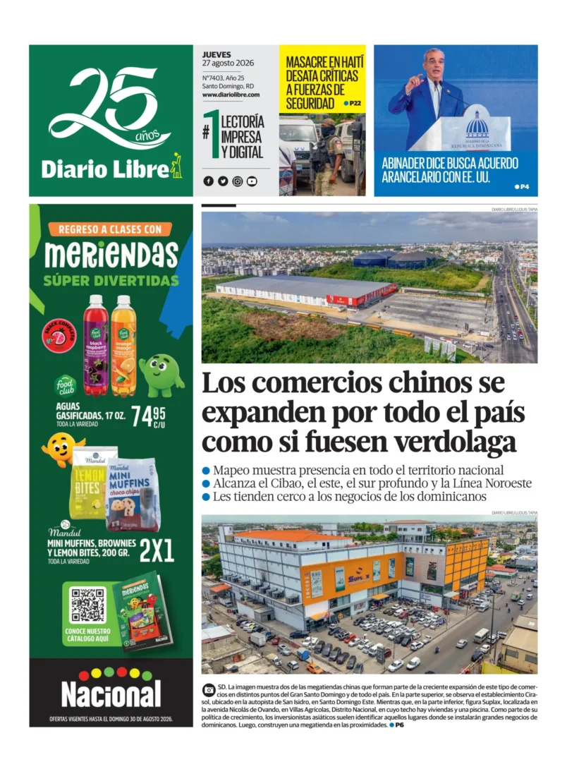 Portada Periódico Diario Libre, Jueves 27, Agosto 2026