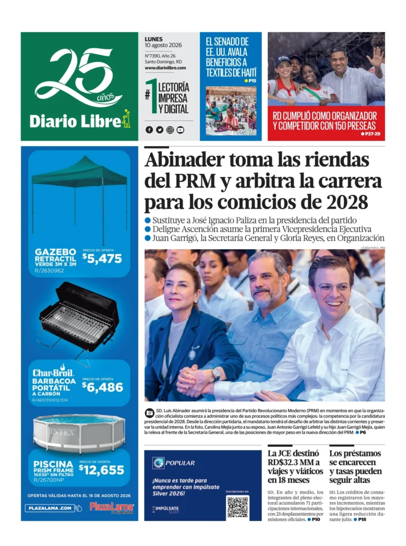 Portada Periódico Diario Libre, Lunes 10, Agosto 2026