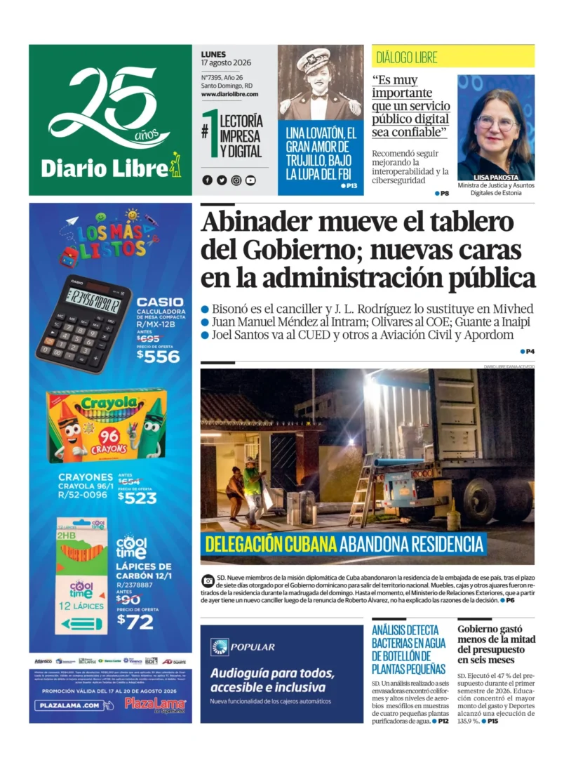 Portada Periódico Diario Libre, Lunes 17, Agosto 2026