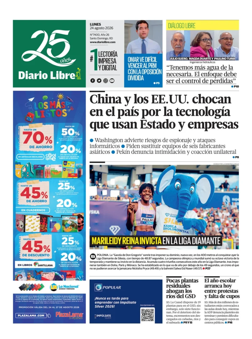 Portada Periódico Diario Libre, Lunes 24, Agosto 2026