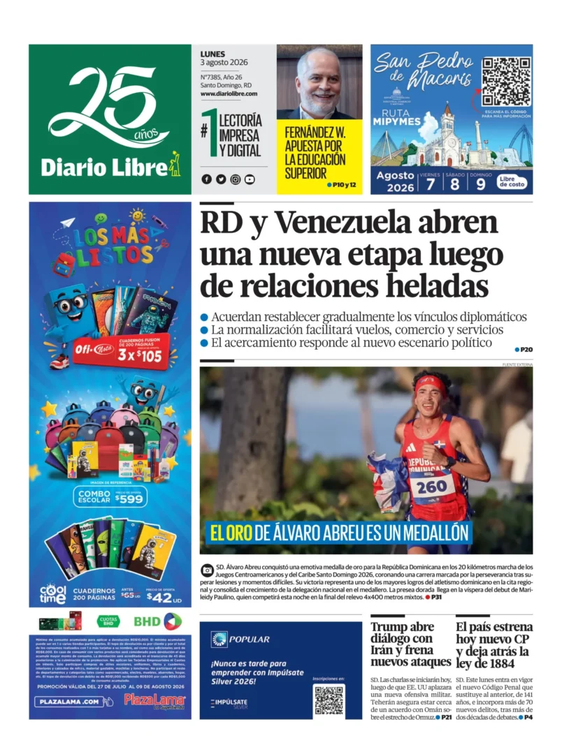 Portada Periódico Diario Libre, Lunes 3, Agosto 2026