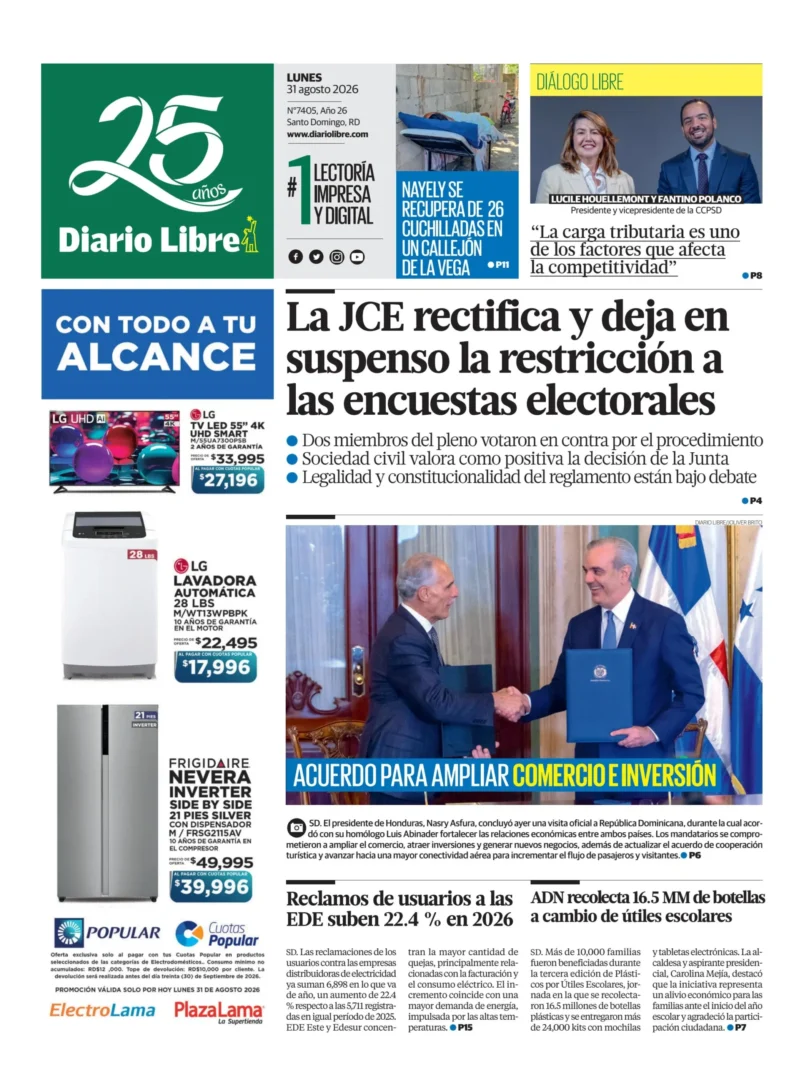 Portada Periódico Diario Libre, Lunes 31, Agosto 2026