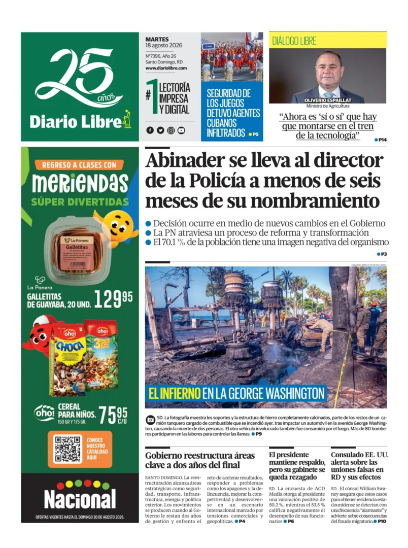 Portada Periódico Diario Libre, Martes 18, Agosto 2026