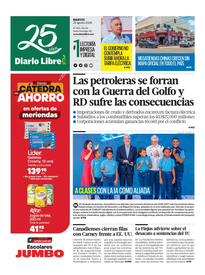 Portada Periódico Diario Libre, Martes 25, Agosto 2026