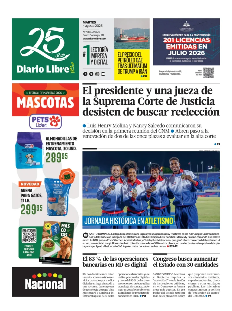 Portada Periódico Diario Libre, Martes 4, Agosto 2026