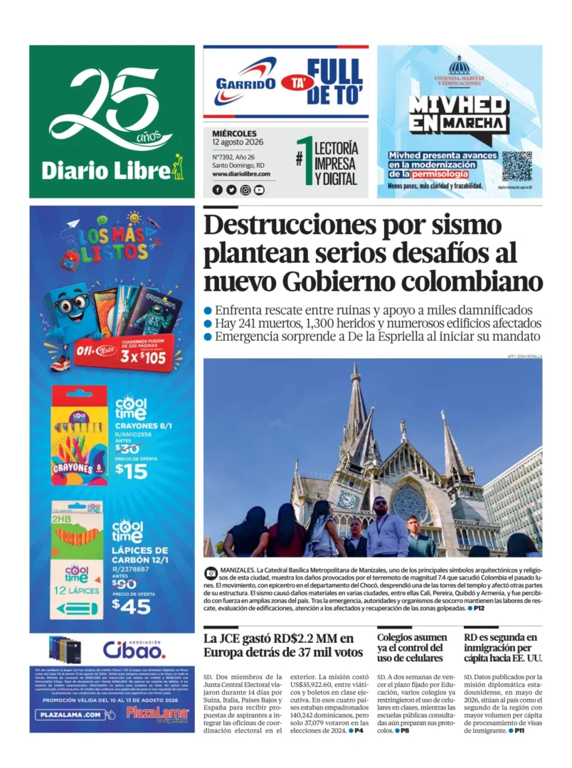 Portada Periódico Diario Libre, Miércoles 12, Agosto 2026