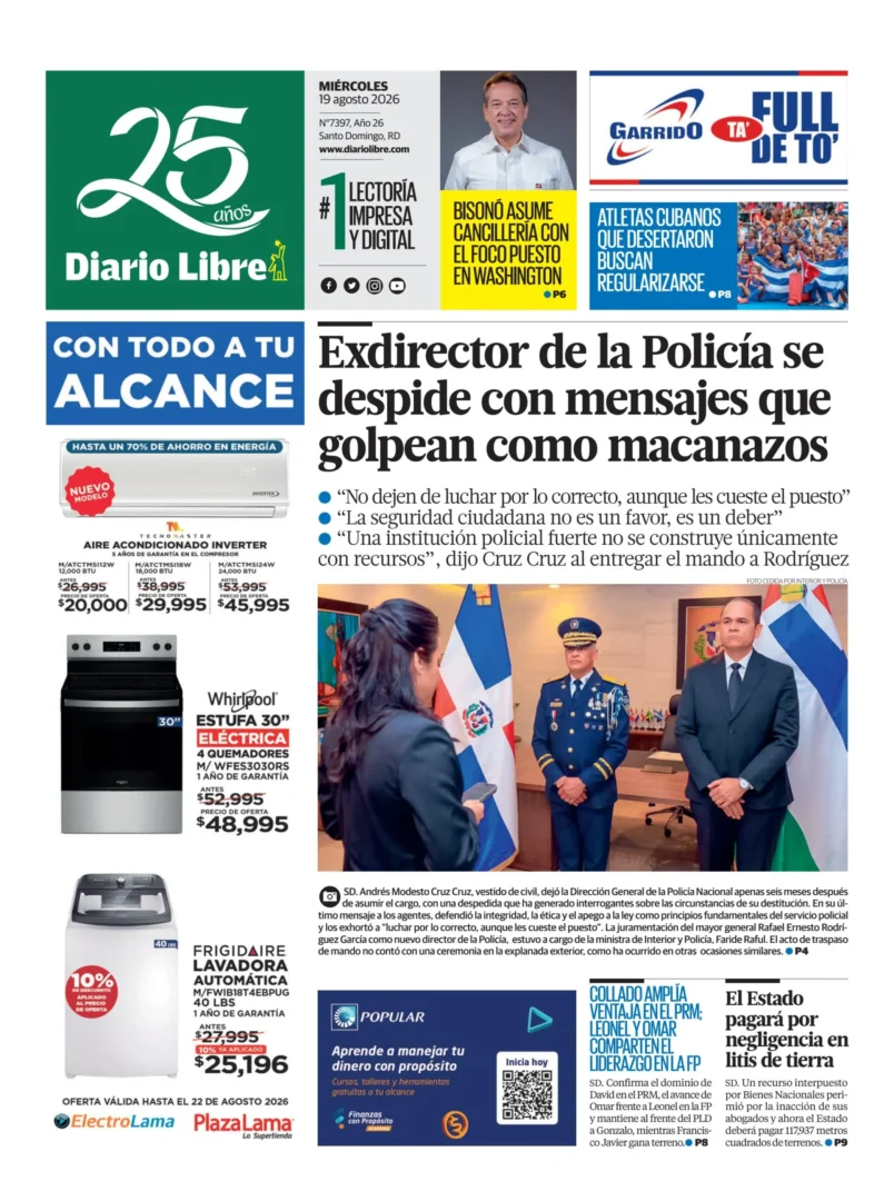 Portada Periódico Diario Libre, Miércoles 19, Agosto 2026