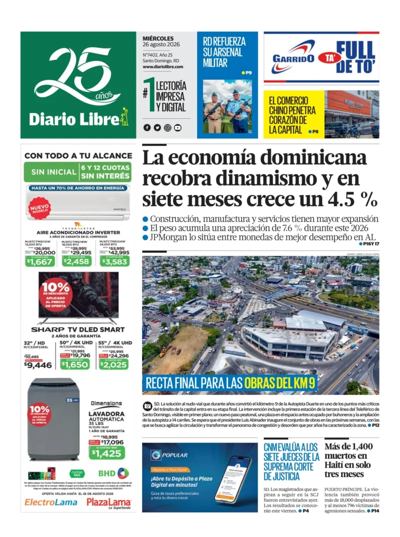 Portada Periódico Diario Libre, Miércoles 26, Agosto 2026