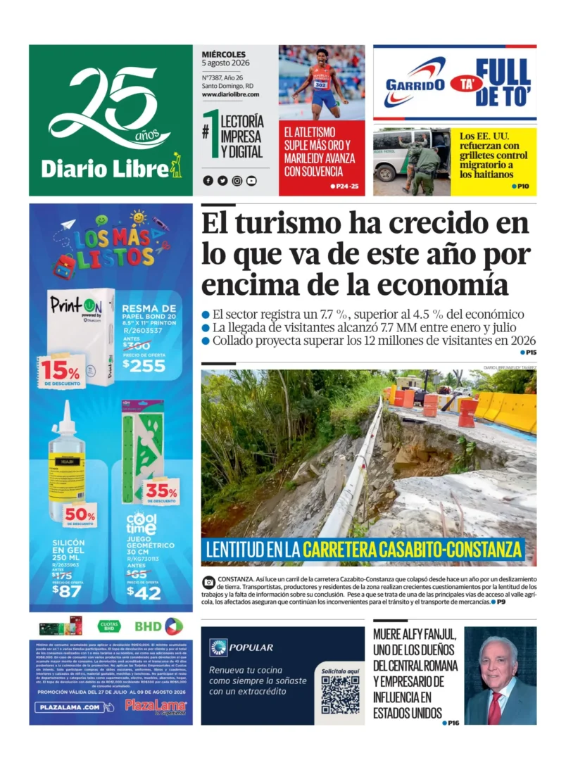 Portada Periódico Diario Libre, Miércoles 5, Agosto 2026