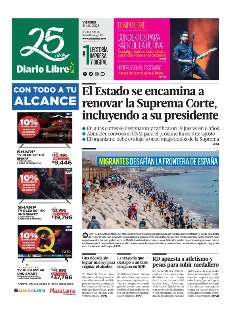 Portada Periódico Diario Libre, Sábado 1, Agosto 2026