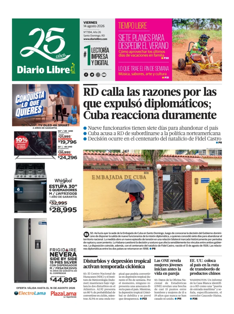 Portada Periódico Diario Libre, Sábado 15, Agosto 2026