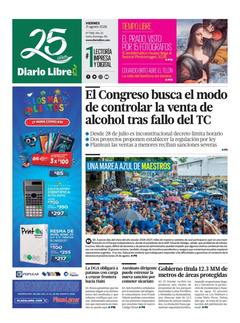 Portada Periódico Diario Libre, Viernes 21, Agosto 2026