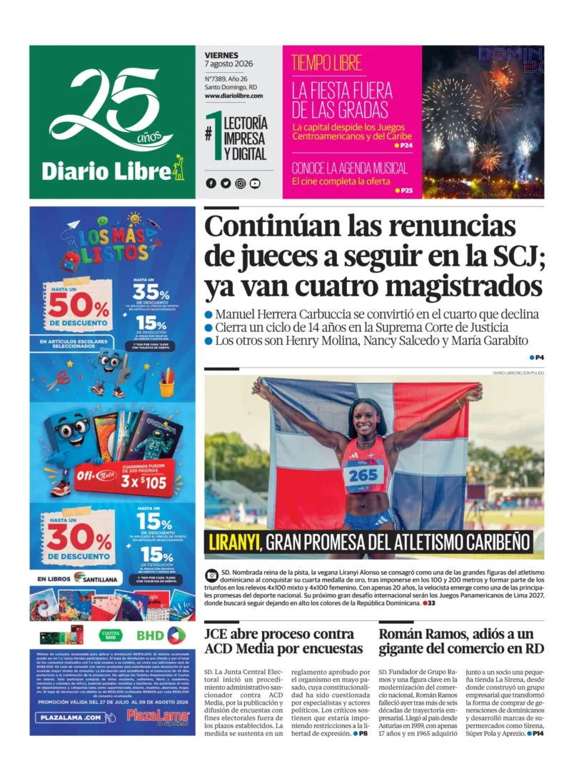Portada Periódico Diario Libre, Viernes 7, Agosto 2026