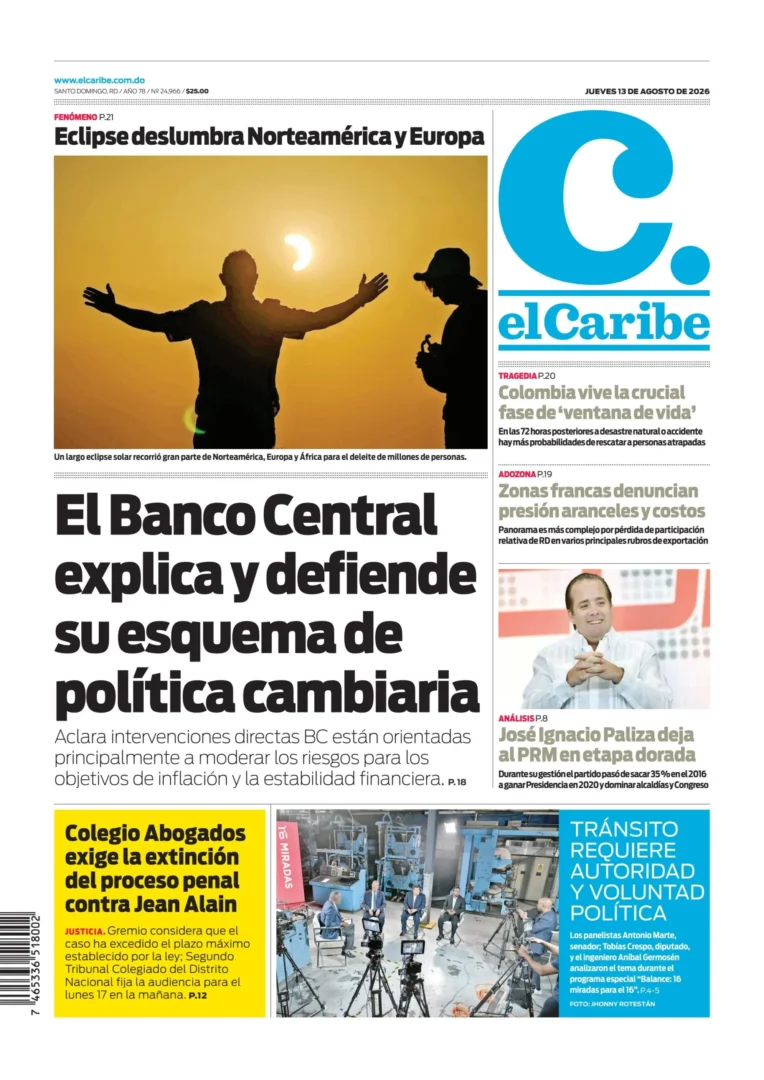 Portada Periódico El Caribe, Jueves 13, Agosto 2026