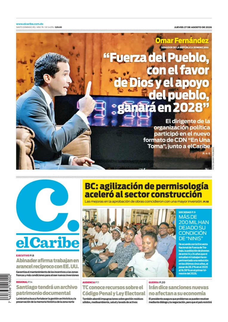 Portada Periódico El Caribe, Jueves 27, Agosto 2026