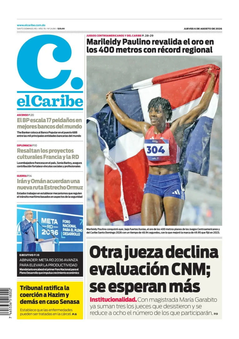Portada Periódico El Caribe, Jueves 6, Agosto 2026