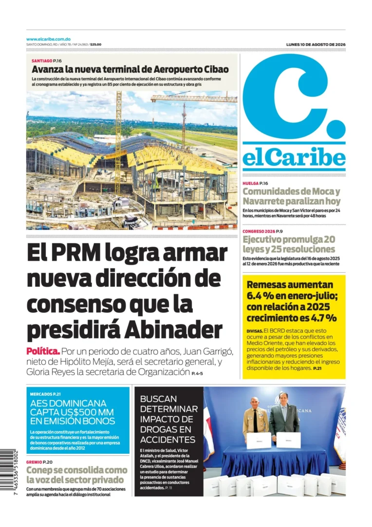 Portada Periódico El Caribe, Lunes 10, Agosto 2026