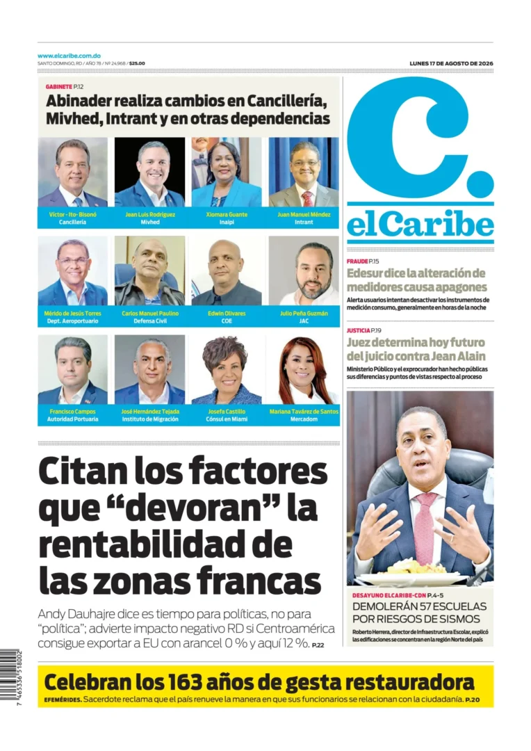 Portada Periódico El Caribe, Lunes 17, Agosto 2026