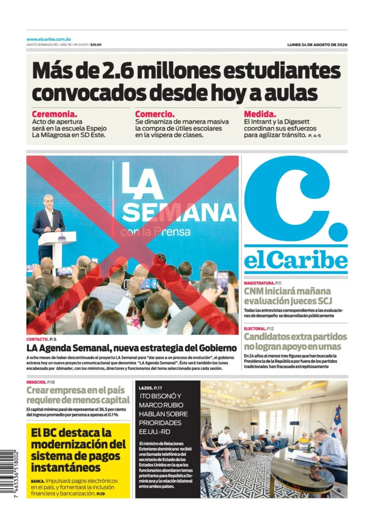 Portada Periódico El Caribe, Lunes 24, Agosto 2026