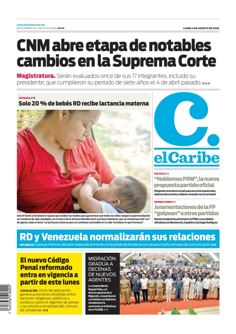 Portada Periódico El Caribe, Lunes 3, Agosto 2026