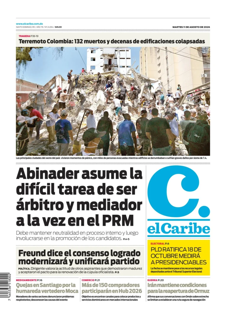 Portada Periódico El Caribe, Martes 11, Agosto 2026