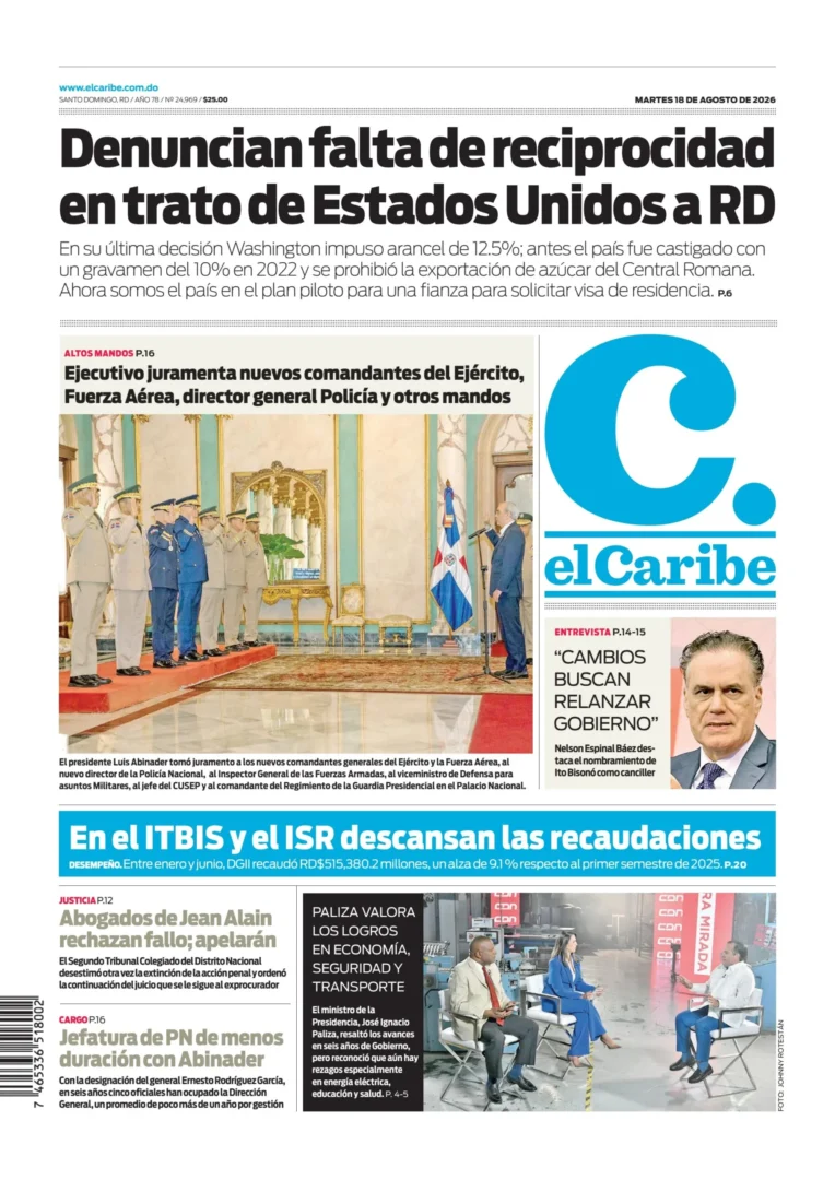 Portada Periódico El Caribe, Martes 18, Agosto 2026
