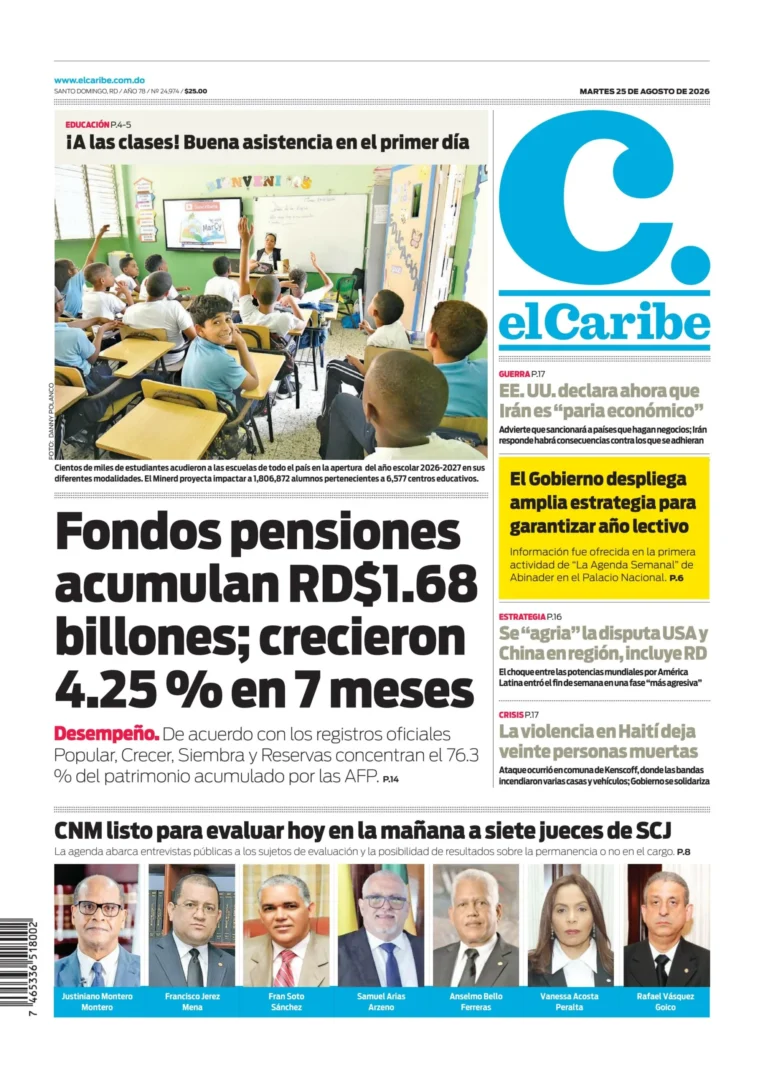 Portada Periódico El Caribe, Martes 25, Agosto 2026
