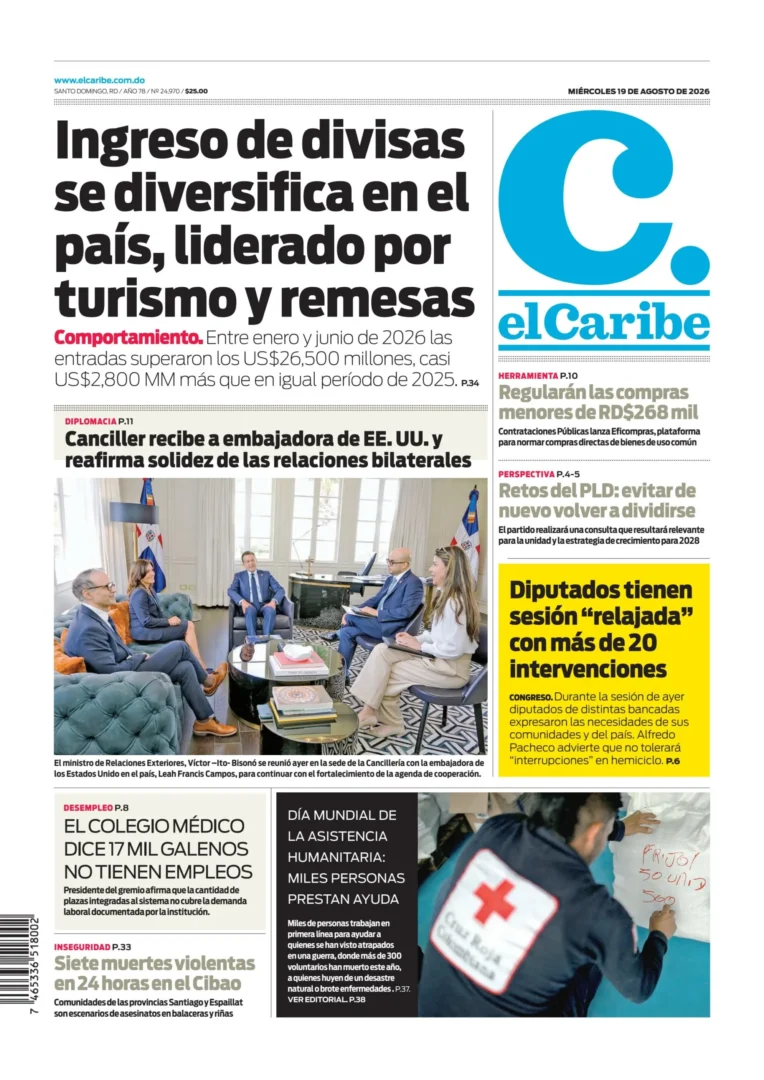 Portada Periódico El Caribe, Miércoles 19, Agosto 2026