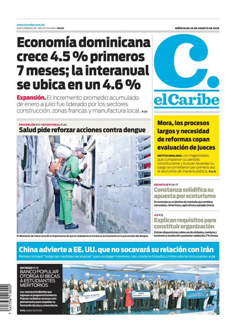 Portada Periódico El Caribe, Miércoles 26, Agosto 2026