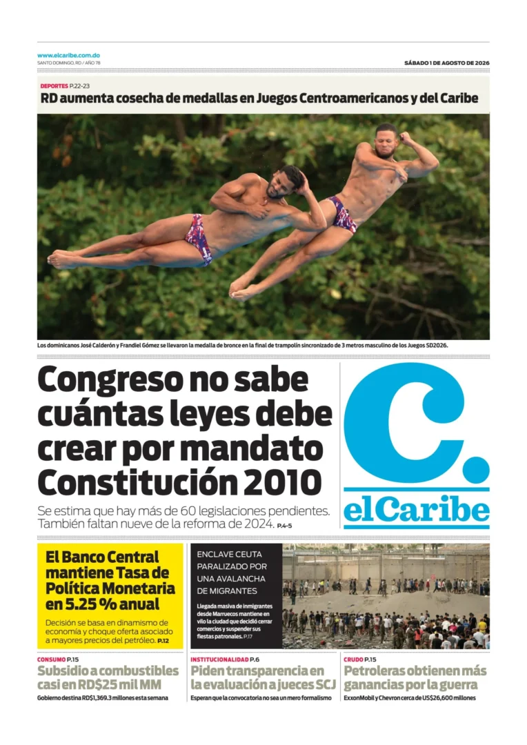 Portada Periódico El Caribe, Sábado 1, Agosto 2026