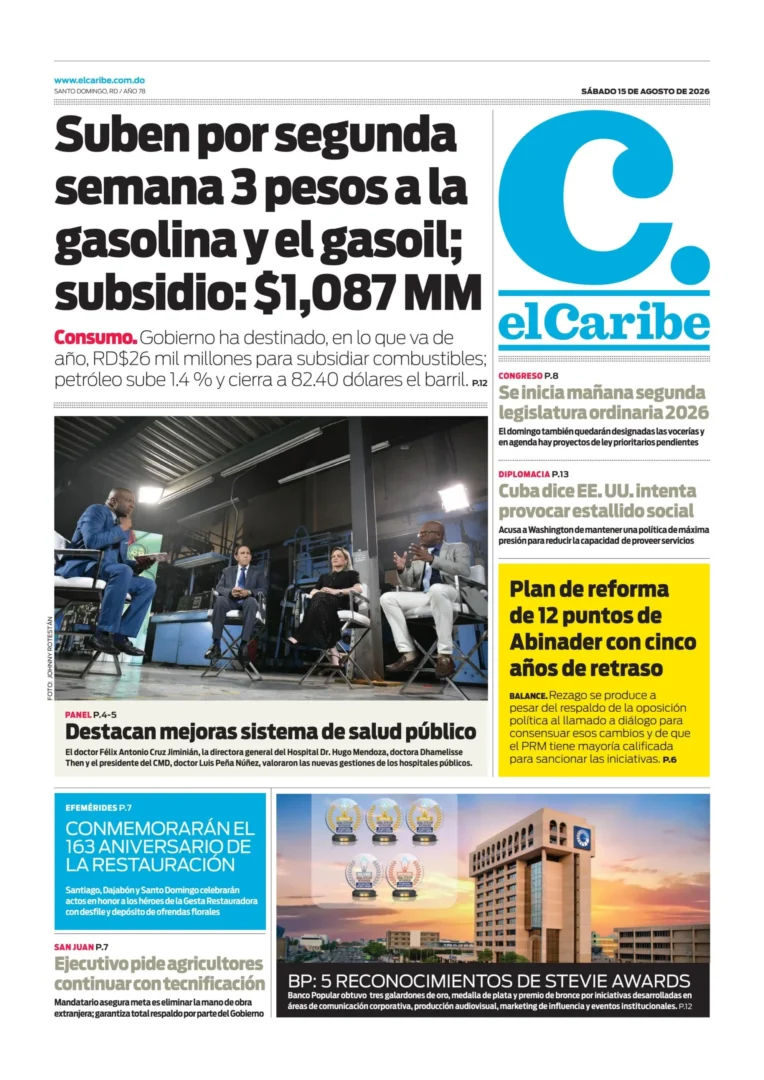Portada Periódico El Caribe, Sábado 15, Agosto 2026