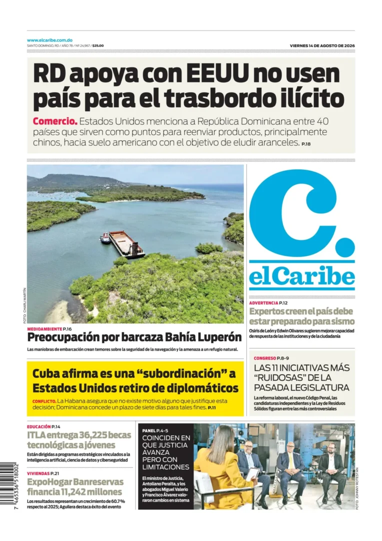 Portada Periódico El Caribe, Viernes 14, Agosto 2026