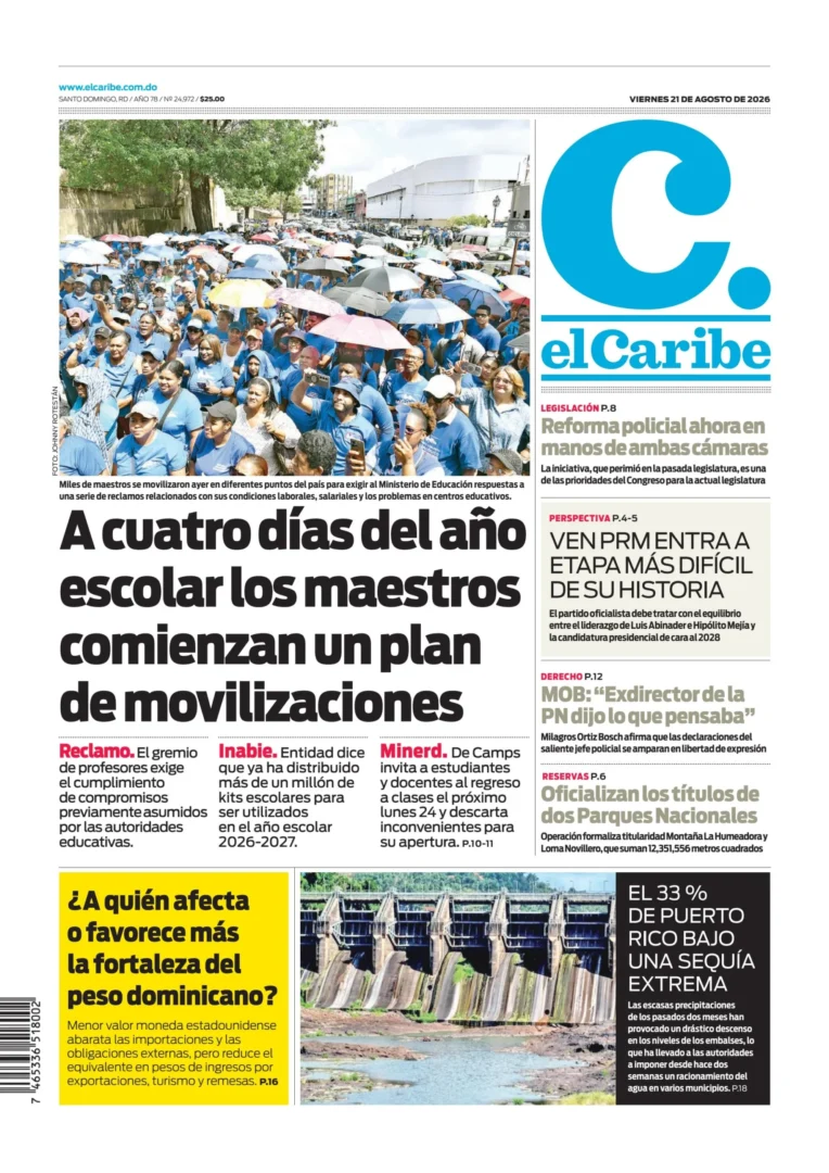 Portada Periódico El Caribe, Viernes 21, Agosto 2026